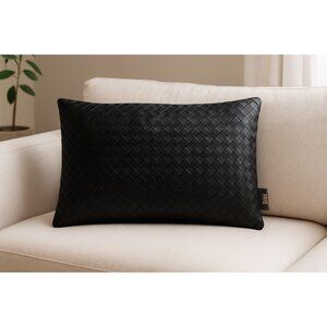 FRYE Black Faux Leather Woven Pillow Cover– Decorative Accent Cushion Modern
